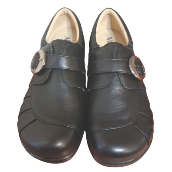 Alegria Black Leather Loafer Silver Buckle and Rounded Toe Flats Size 11 - Picture 2 of 14